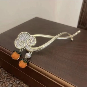 Silver Chinese style hair pin with orange persimmon pendant and white pearl detail