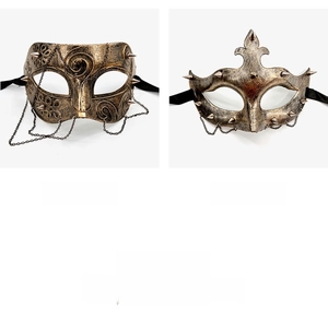 Detailed comparison of bronze steampunk half masks with gears and metallic chains