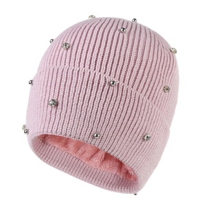 Pink winter knit beanie with silver beads and rhinestones, thick fleece lining for warmth