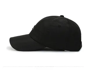Side view of black quick-dry baseball cap with breathable mesh and classic 6-panel crown