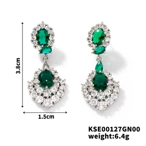 Detail shot of emerald long drop earrings with micro-set zircons showing 3.8cm length