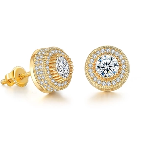 Hip hop style gold-plated round stud earrings with sparkling cubic zirconia and screw-back
