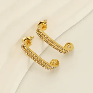 Double Row Rhinestone Hoop Earrings 18K Gold Plated Stainless Steel Geometric U Shaped Minimalist Luxury Jewelry Women