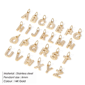 Full A-Z alphabet charms set in 14K gold plated stainless steel with sparkling zircons