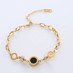 316L Stainless Steel Bracelet With Roman Numerals Rhinestone Circle Charms 18K Gold Plated O-Chain For Women Fashion Jewelry