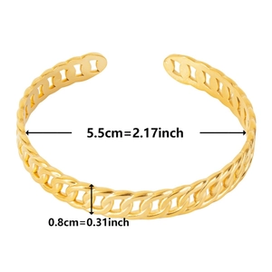 Detailed size view of golden 18k plated stainless steel cuban link open cuff bracelet