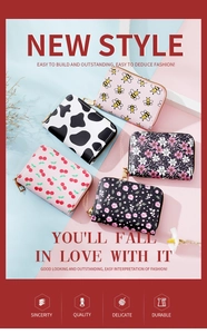 Flat lay of five patterned accordion card wallets with various floral and animal prints