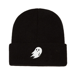 Classic black ribbed knit beanie with cute white ghost embroidery for winter outdoor warmth