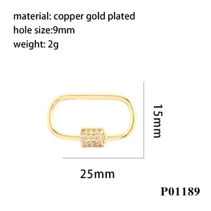 18K gold plated oval screw clasp with micro-set stones and dimensional technical specs
