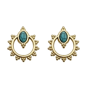 Elegant gold plated titanium earrings with oval turquoise stone in vintage openwork design