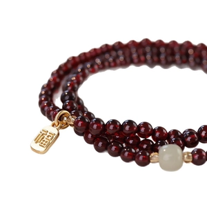 Natural red garnet and Hetian jade multi-layer beaded bracelet with gold Fu charm