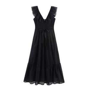 Elegant Women V Neck Mesh Maxi Dress With Ruffle Sleeveless Waist Tie Black