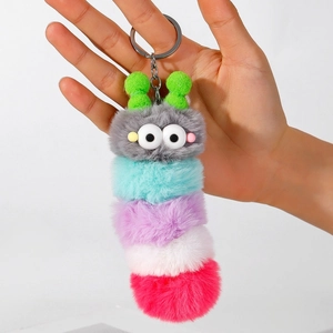 Cute colorful plush caterpillar keychain with five fuzzy segments and a silver metal ring