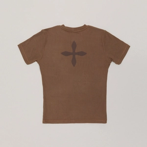 Detail of cross emblem print on the back of a brown slim fit stretch cotton t-shirt