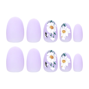 Short lavender press-on nails with daisy and honeybee art on white background