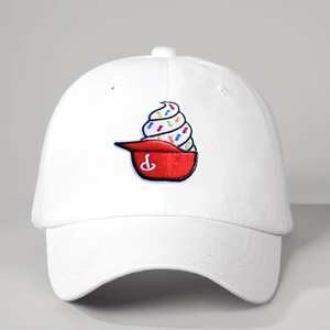 White baseball cap with colorful ice cream embroidery and adjustable strap for outdoors