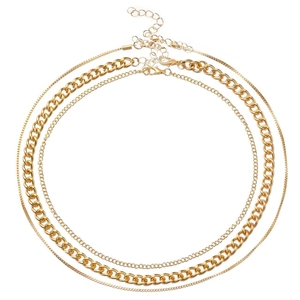 Detailed view of 3-layer gold chunky chain necklace set with flat and thin linked chains
