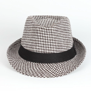 Classic black and white houndstooth fedora hat with black grosgrain ribbon for men