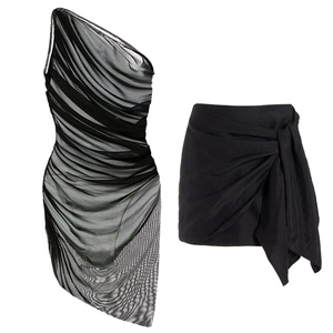 Detail of sexy black mesh one-piece swimsuit with matching wrap skirt cover-up set
