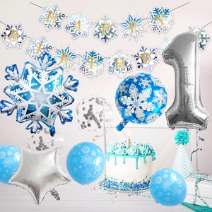 Blue and silver winter snowflake party set with Happy Birthday banner and foil balloons