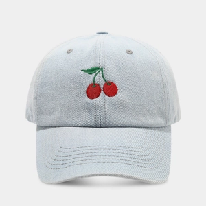 Light blue denim baseball cap featuring red cherry embroidery with a classic curved brim