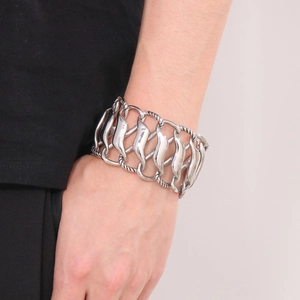 Polished silver wide-link stainless steel bracelet with infinity punk twist design