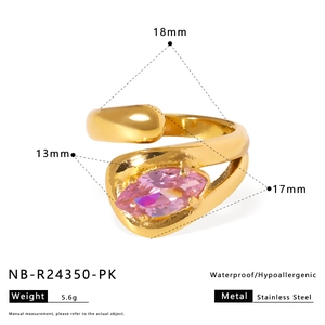 Detailed size guide of gold stainless steel ring with pink zircon gemstone dimensions