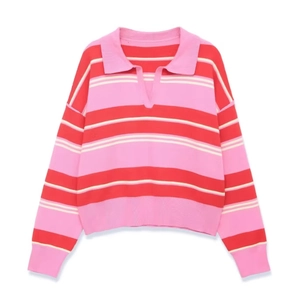 Striped knit Polo shirt with long sleeves in pink, red and white wide horizontal stripes