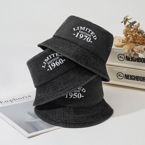 Bucket Hat Washed Cotton Denim Embroidered Limited Edition Vintage Year Streetwear Sunshade Outdoor
