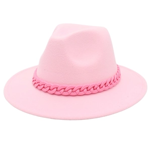 Elegant pink wide brim wool fedora hat featuring a stylish matching resin chain accessory