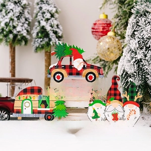 3-piece Christmas wooden gnome truck decor set with red and black buffalo plaid pattern