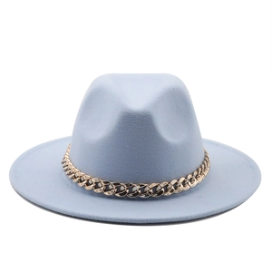 Detail of light blue wool felt fedora hat featuring a chunky gold metal chain band