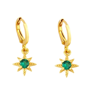 Detail of gold star drop earrings featuring a sparkling green center zircon stone
