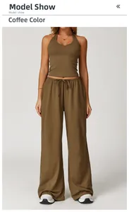 Detail of coffee brown halter neck tank top and drawstring wide leg yoga pants set