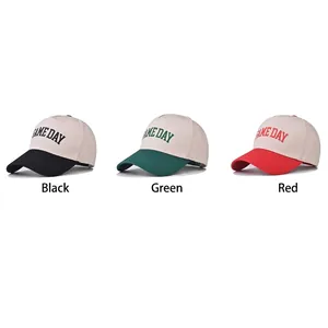 Three-color Game Day embroidered baseball caps in black, green, and red cotton canvas