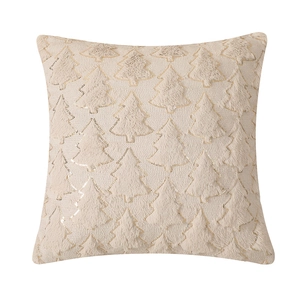 Beige faux fur Christmas tree pillow cover with golden sequins embroidery for home decor