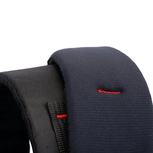 Detail of thickened black padded shoulder straps with durable stitching for comfort