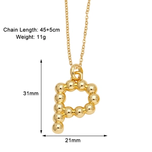 Technical dimensions showing the gold letter P pendant and chain length of the necklace