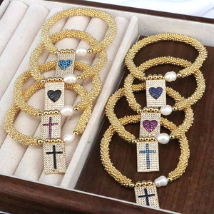 Vintage Beaded Bracelet For Women With Copper Zircon Heart Cross Pendant And Artificial Baroque Pearl Elastic Jewelry