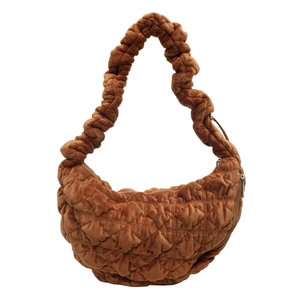Quilted velvet cloud bag in brown with plush texture and ruched shoulder strap