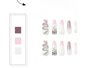 Detailed set of pink French press-on nails with snake rhinestones and glitter