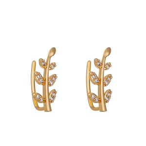 Minimalist gold leaf branch earrings with sparkling crystal accents in a symmetrical design