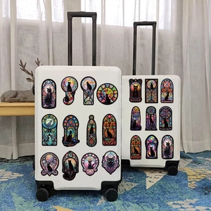 Gothic black cat stickers in stained glass style on white suitcases for DIY decoration