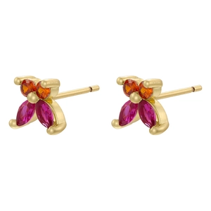 Detail shot of golden butterfly earrings with colorful round orange and marquise pink stones