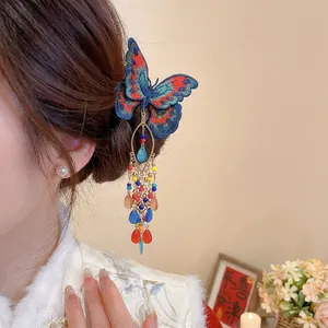 New Chinese Style Butterfly Hair Clip Elegant Embroidered Tassel Duckbill Clip Artificial Crystal Vintage Hair Accessory For Women