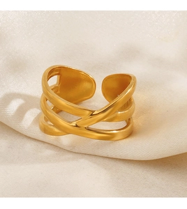 Macro detail of 18K gold plated minimalist crossover ring on elegant silk background