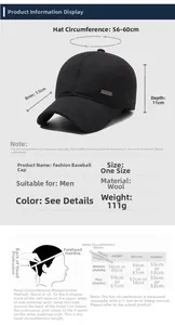 Detailed size chart for men winter fleece baseball cap with ear flaps and wool fabric