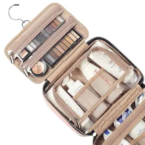 Waterproof hanging toiletry bag with multiple storage compartments and metal hook