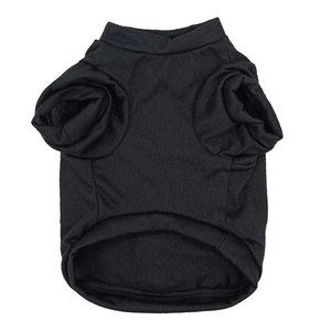 Flat lay of a plain black pet tank top made of soft cotton fabric for dogs and cats