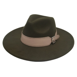 Detail of deep olive green wool fedora hat featuring a beige leather band and silver buckle